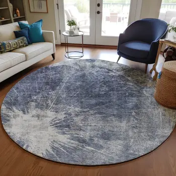 8' Navy Blue And Denim Blue Round Abstract Washable Indoor Outdoor Area Rug