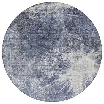 8' Navy Blue And Denim Blue Round Abstract Washable Indoor Outdoor Area Rug