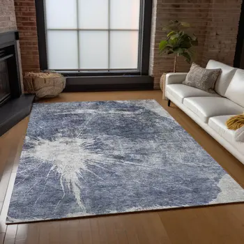 8' X 10' Navy Blue And Denim Blue Abstract Washable Indoor Outdoor Area Rug