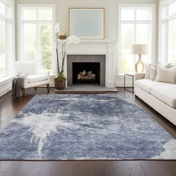 10' X 14' Navy Blue And Denim Blue Abstract Washable Indoor Outdoor Area Rug