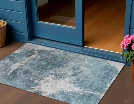3' X 5' Teal Blue Navy Blue And Gray Abstract Washable Indoor Outdoor Area Rug