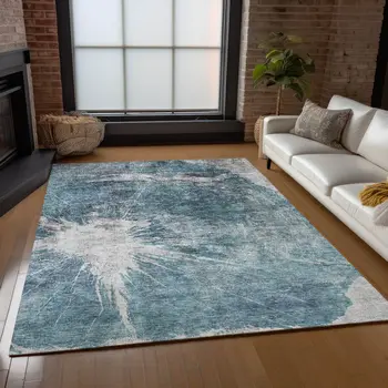 3' X 5' Teal Blue Navy Blue And Gray Abstract Washable Indoor Outdoor Area Rug