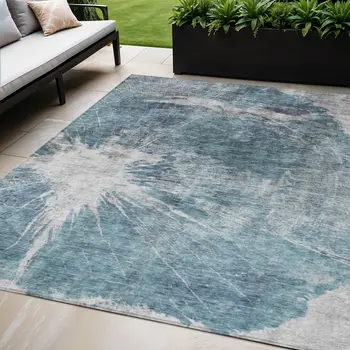 5' X 8' Teal Blue Navy Blue And Gray Abstract Washable Indoor Outdoor Area Rug