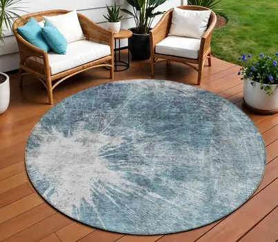 8' Teal Blue Navy Blue And Gray Round Abstract Washable Indoor Outdoor Area Rug