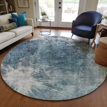 8' Teal Blue Navy Blue And Gray Round Abstract Washable Indoor Outdoor Area Rug