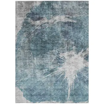 8' X 10' Teal Blue Navy Blue And Gray Abstract Washable Indoor Outdoor Area Rug