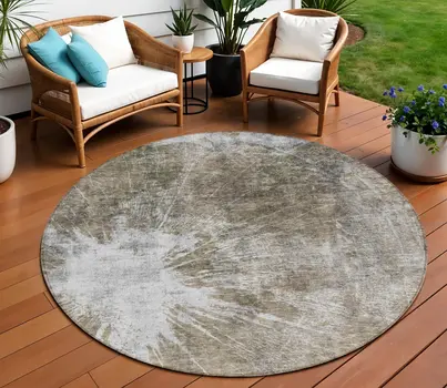 8' Taupe Brown And Beige Round Abstract Washable Indoor Outdoor Area Rug