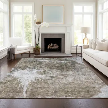 9' X 12' Taupe Brown And Beige Abstract Washable Indoor Outdoor Area Rug