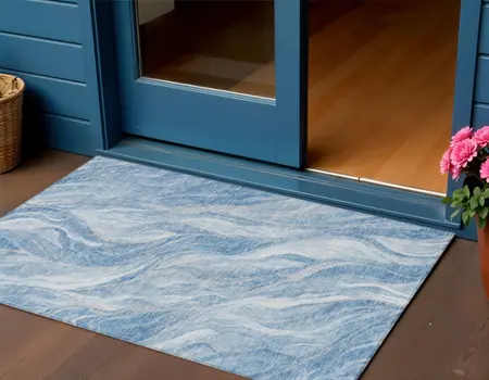 3' X 5' Denim Blue And Sky Blue Abstract Washable Indoor Outdoor Area Rug