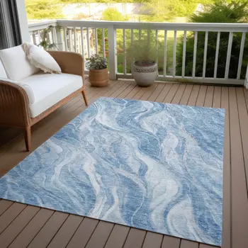 3' X 5' Denim Blue And Sky Blue Abstract Washable Indoor Outdoor Area Rug