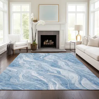 3' X 5' Denim Blue And Sky Blue Abstract Washable Indoor Outdoor Area Rug