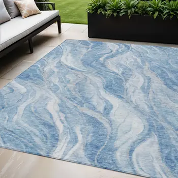 5' X 8' Denim Blue And Sky Blue Abstract Washable Indoor Outdoor Area Rug