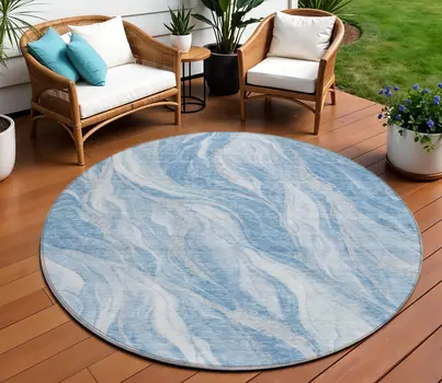 8' Denim Blue And Sky Blue Round Abstract Washable Indoor Outdoor Area Rug