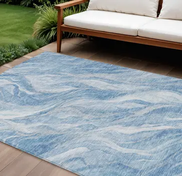 9' X 12' Denim Blue And Sky Blue Abstract Washable Indoor Outdoor Area Rug