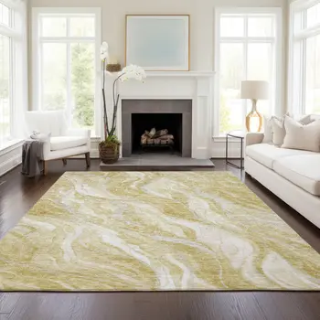 3' X 5' Gold Beige And Ivory Abstract Washable Indoor Outdoor Area Rug