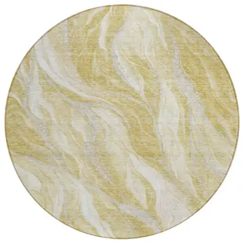 8' Gold Beige And Ivory Round Abstract Washable Indoor Outdoor Area Rug
