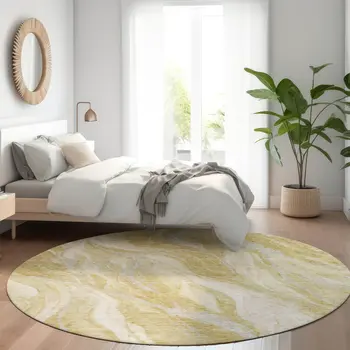 8' Gold Beige And Ivory Round Abstract Washable Indoor Outdoor Area Rug