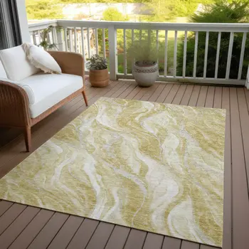 8' X 10' Gold Beige And Ivory Abstract Washable Indoor Outdoor Area Rug