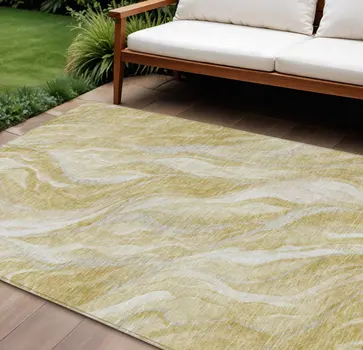 9' X 12' Gold Beige And Ivory Abstract Washable Indoor Outdoor Area Rug