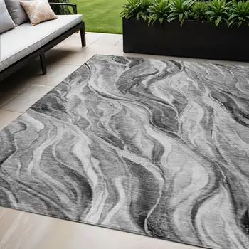 5' X 8' Gray Charcoal And Ivory Abstract Washable Indoor Outdoor Area Rug