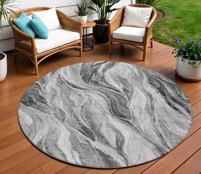 8' Gray Charcoal And Ivory Round Abstract Washable Indoor Outdoor Area Rug