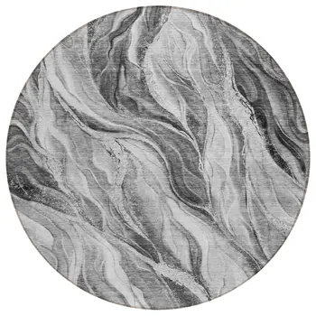 8' Gray Charcoal And Ivory Round Abstract Washable Indoor Outdoor Area Rug