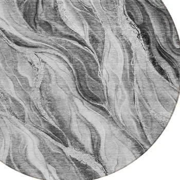 8' Gray Charcoal And Ivory Round Abstract Washable Indoor Outdoor Area Rug