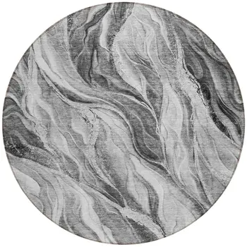 8' Gray Charcoal And Ivory Round Abstract Washable Indoor Outdoor Area Rug