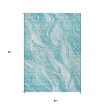 5' X 8' Teal Blue Aqua And Ivory Abstract Washable Indoor Outdoor Area Rug