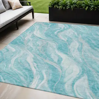 5' X 8' Teal Blue Aqua And Ivory Abstract Washable Indoor Outdoor Area Rug