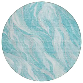8' Teal Blue Aqua And Ivory Round Abstract Washable Indoor Outdoor Area Rug