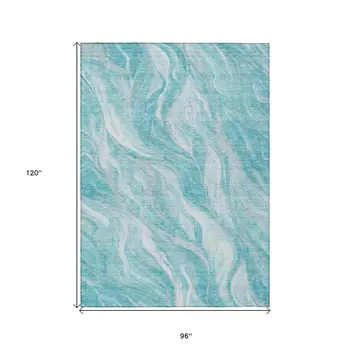 8' X 10' Teal Blue Aqua And Ivory Abstract Washable Indoor Outdoor Area Rug