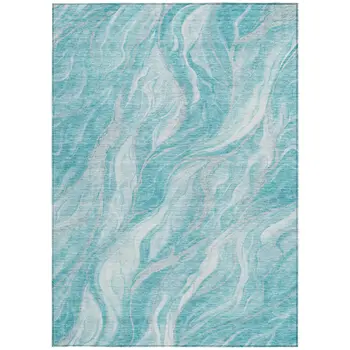 9' X 12' Teal Blue Aqua And Ivory Abstract Washable Indoor Outdoor Area Rug