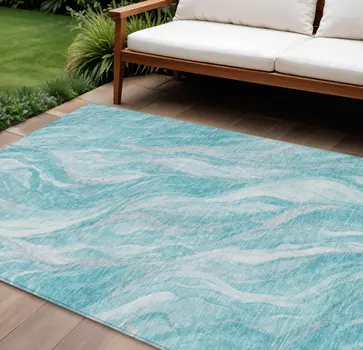 9' X 12' Teal Blue Aqua And Ivory Abstract Washable Indoor Outdoor Area Rug