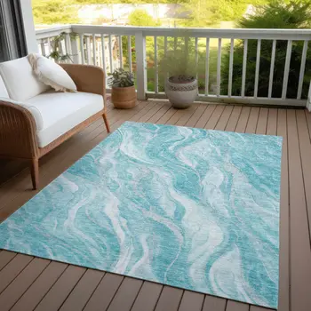 9' X 12' Teal Blue Aqua And Ivory Abstract Washable Indoor Outdoor Area Rug
