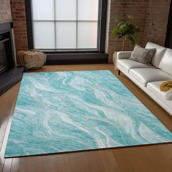 9' X 12' Teal Blue Aqua And Ivory Abstract Washable Indoor Outdoor Area Rug