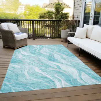 9' X 12' Teal Blue Aqua And Ivory Abstract Washable Indoor Outdoor Area Rug