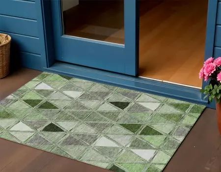 3' X 5' Green And Fern Green Geometric Washable Indoor Outdoor Area Rug