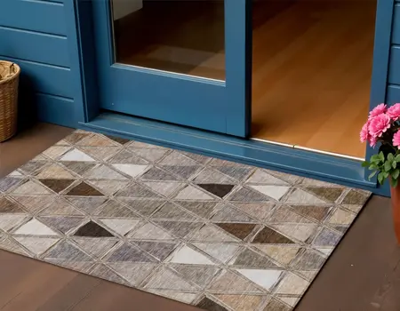 3' X 5' Brown Beige And Khaki Geometric Washable Indoor Outdoor Area Rug