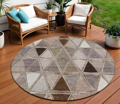 8' Brown Beige And Khaki Round Geometric Washable Indoor Outdoor Area Rug