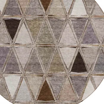 8' Brown Beige And Khaki Round Geometric Washable Indoor Outdoor Area Rug