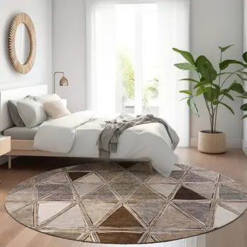 8' Brown Beige And Khaki Round Geometric Washable Indoor Outdoor Area Rug