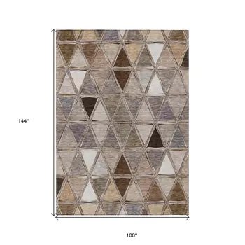 9' X 12' Brown Beige And Khaki Geometric Washable Indoor Outdoor Area Rug