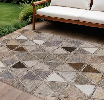 10' X 14' Brown Beige And Khaki Geometric Washable Indoor Outdoor Area Rug