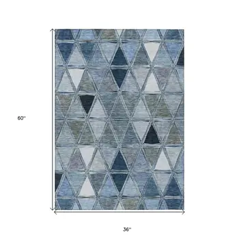 3' X 5' Denim Blue And Sky Blue Geometric Washable Indoor Outdoor Area Rug