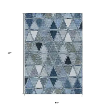 5' X 8' Denim Blue And Sky Blue Geometric Washable Indoor Outdoor Area Rug