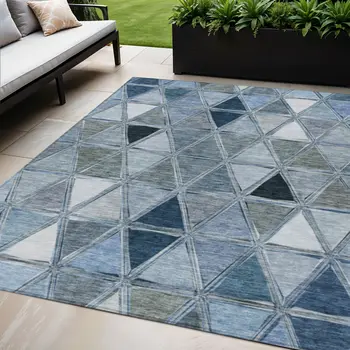 5' X 8' Denim Blue And Sky Blue Geometric Washable Indoor Outdoor Area Rug