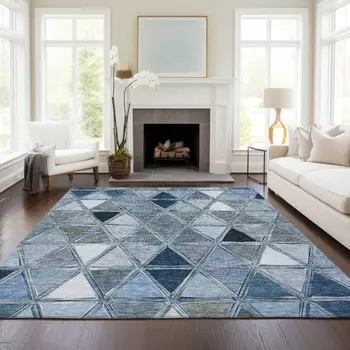 5' X 8' Denim Blue And Sky Blue Geometric Washable Indoor Outdoor Area Rug