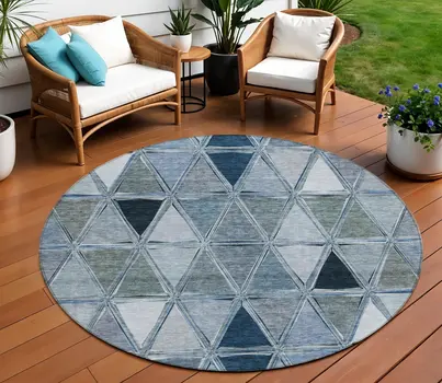 8' Denim Blue And Sky Blue Round Geometric Washable Indoor Outdoor Area Rug