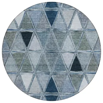 8' Denim Blue And Sky Blue Round Geometric Washable Indoor Outdoor Area Rug